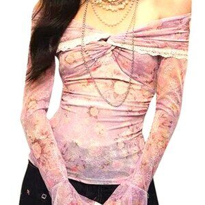 SHEER FLORAL MAUVE AND PINK OFF THE SHOULDER M LONG SLEEVE LACE EDGE TOP